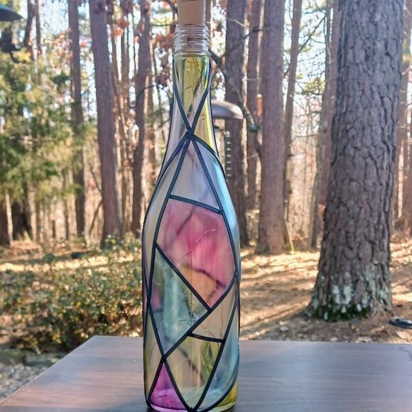 Hand Painted Faux Stained Glass Wine Bottle Lamp w/Fairy Lights-Unique Decor - Picture 3 of 12